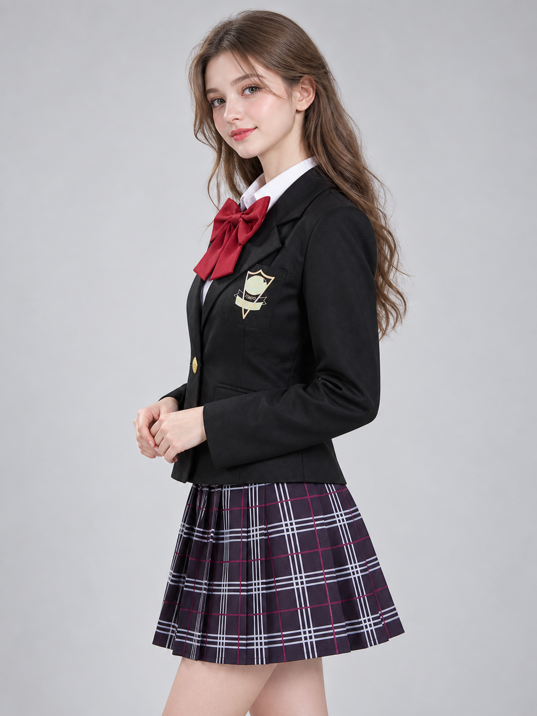 School-Style Cosplay Costume with Plaid Skirt side view
