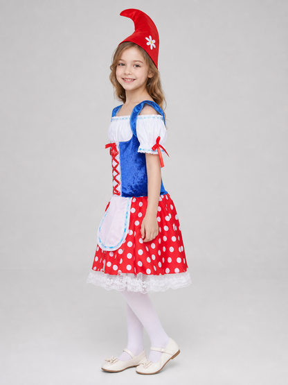The dress is designed in the style of a German beer festival and is suitable for a themed party, cosplay, or festive outfit. The set includes a dress and a pointed curved hat. The design features a combination of white, red, and blue. The t