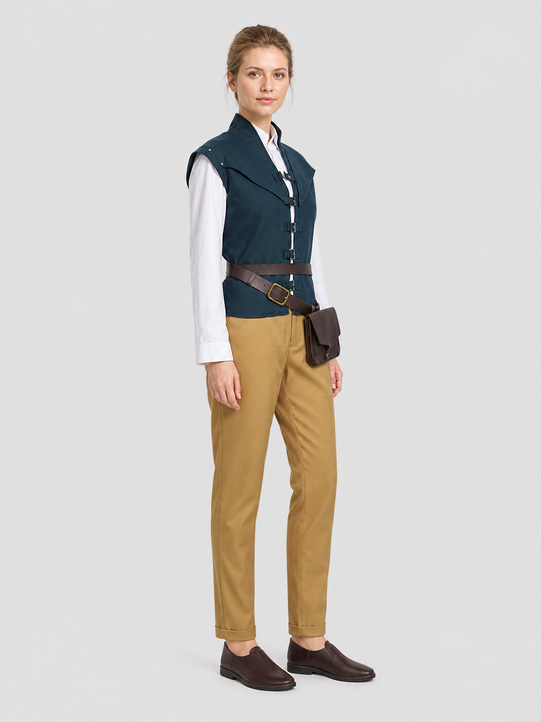 Flynn Rider Cosplay Costume: Vest, Shirt, Pants, Belt side view