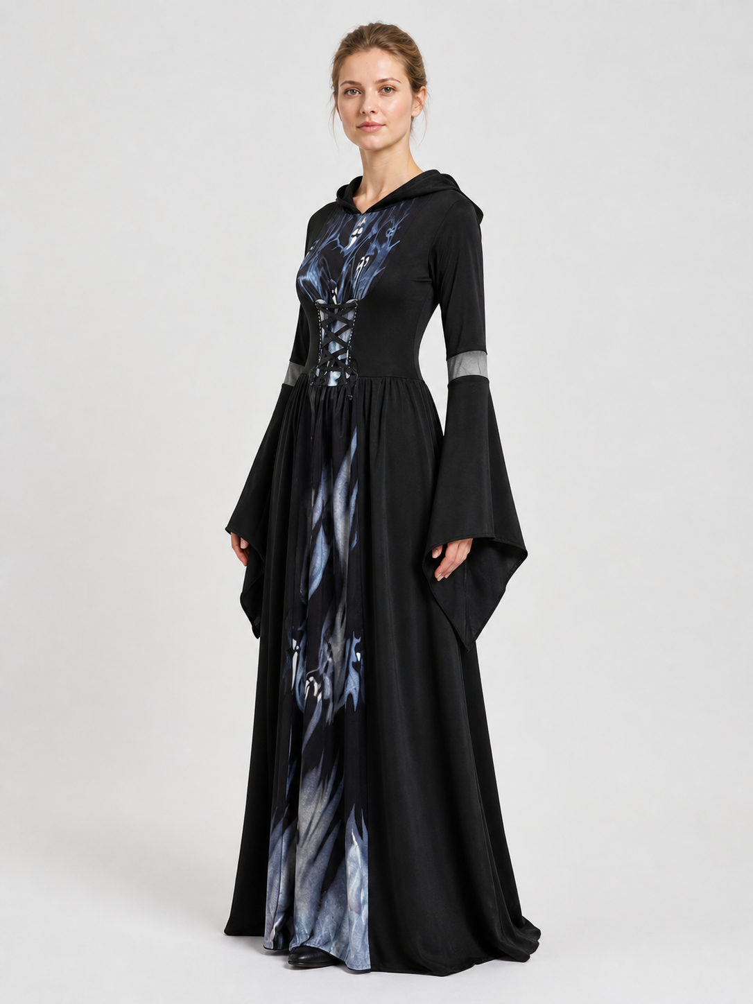 Halloween Witch Dress with Hood and Skeleton Design side view