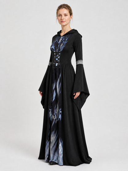 Halloween Witch Dress with Hood and Skeleton Design side view