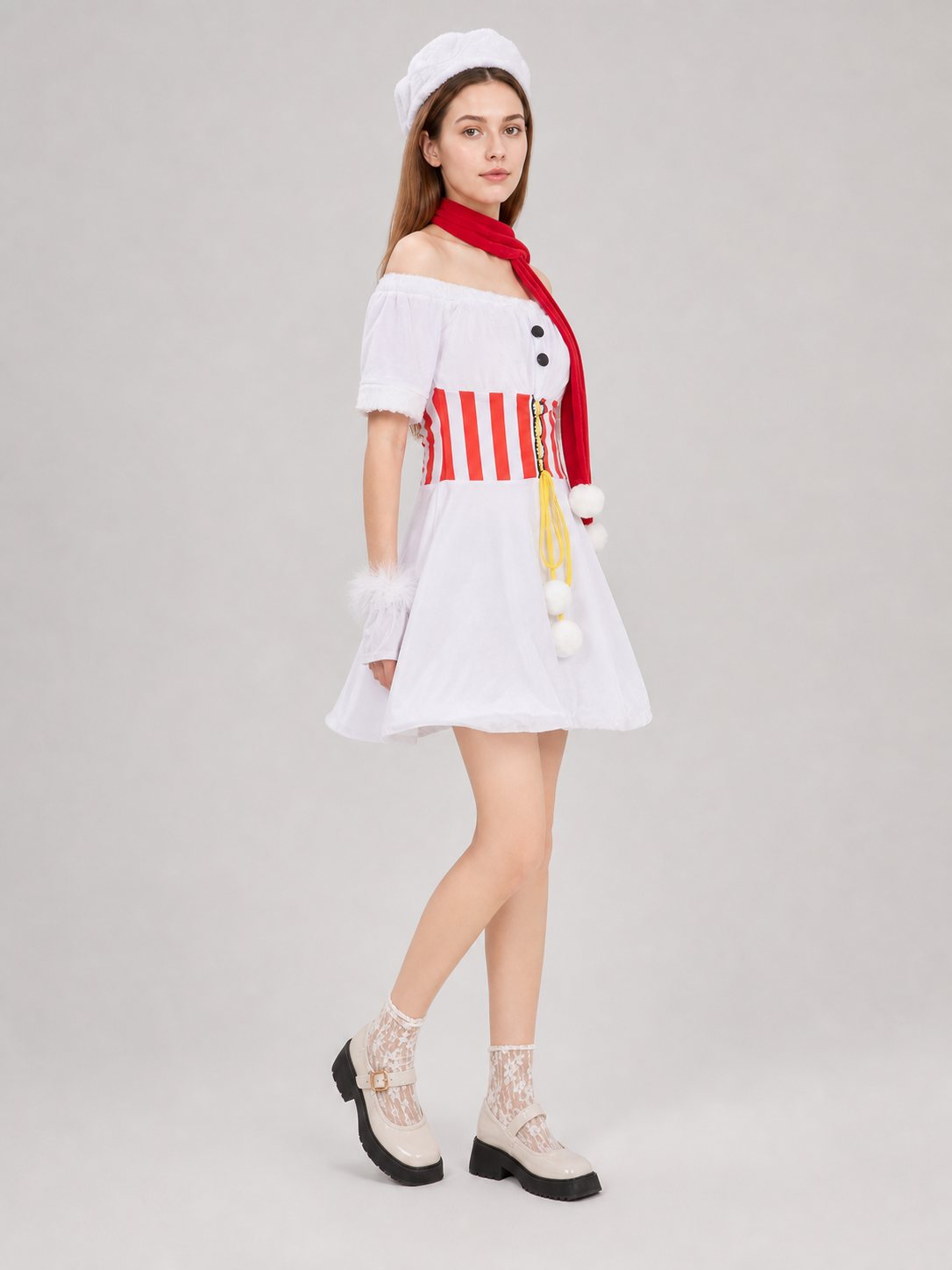 White New Year's Costume Dress with Red-and-White Stripes side view