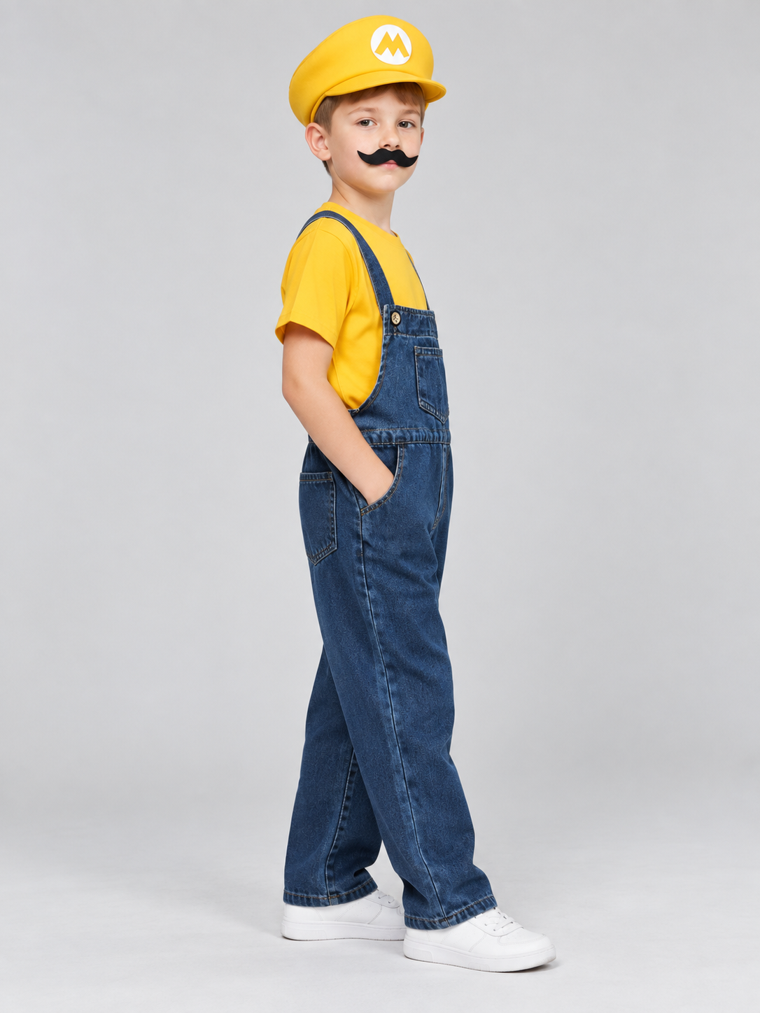Children's Mario-Style Costume with Denim Overalls side view