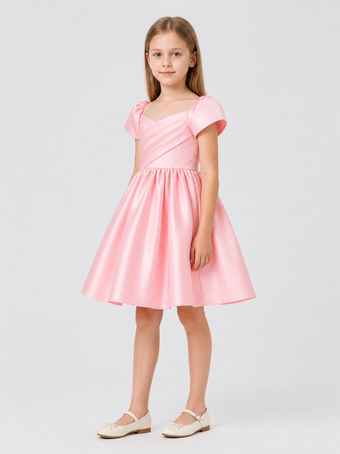 Festive princess dress with a full skirt and sleeves side view