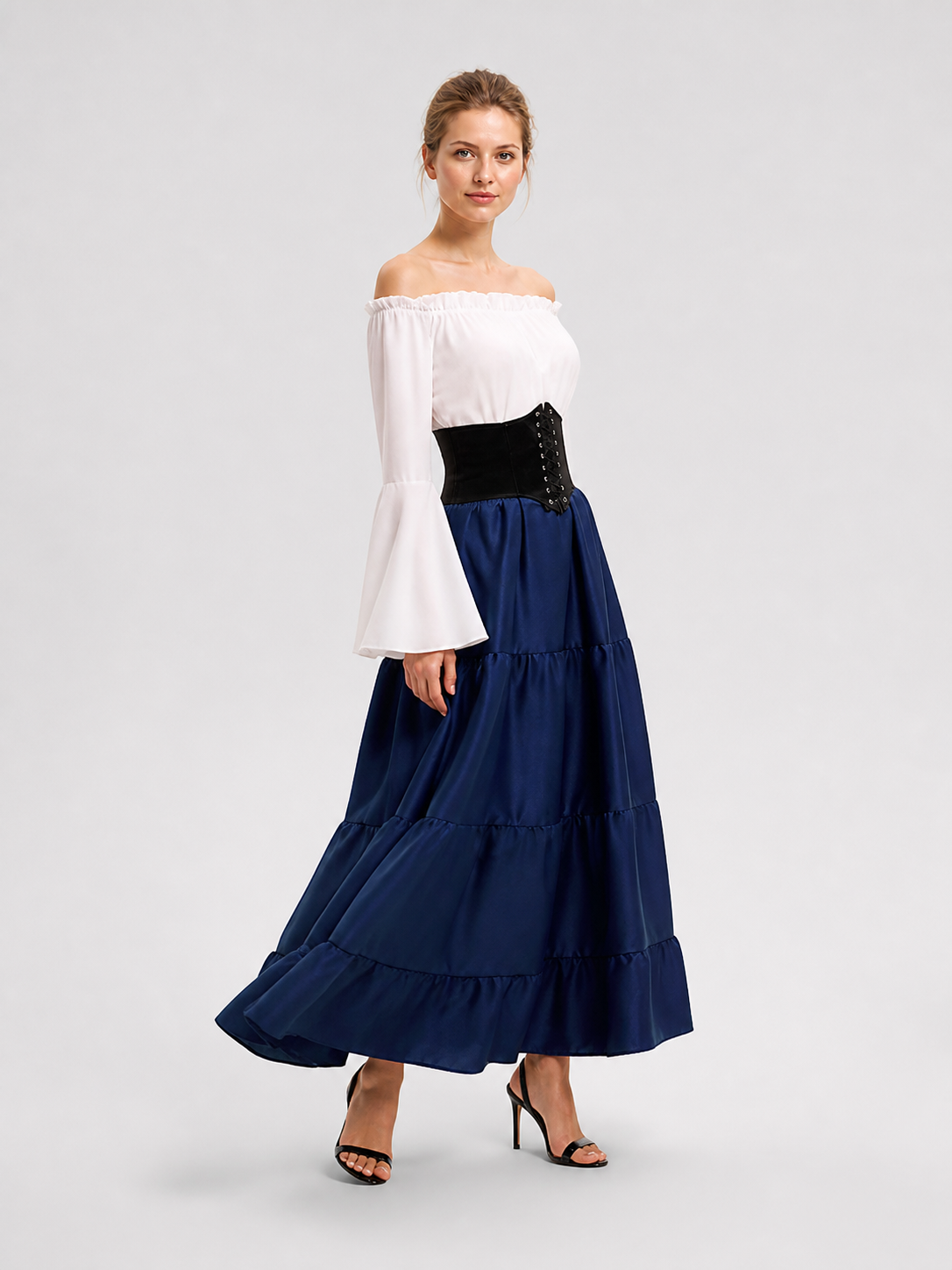 Long Dress with Flared Sleeves, Tiered Skirt side view