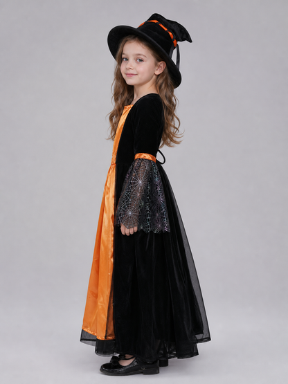 Witch-style costume set featuring a long black dress with long sleeves, a wide flared bottom, and a black pointed hat. The design uses orange, silver, and black colors. The center front of the dress features an orange decorative element, an