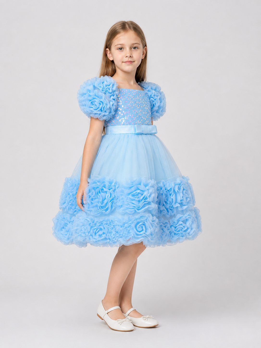 Voluminous Princess Dress with Sequins, Sleeves, and Bow side view