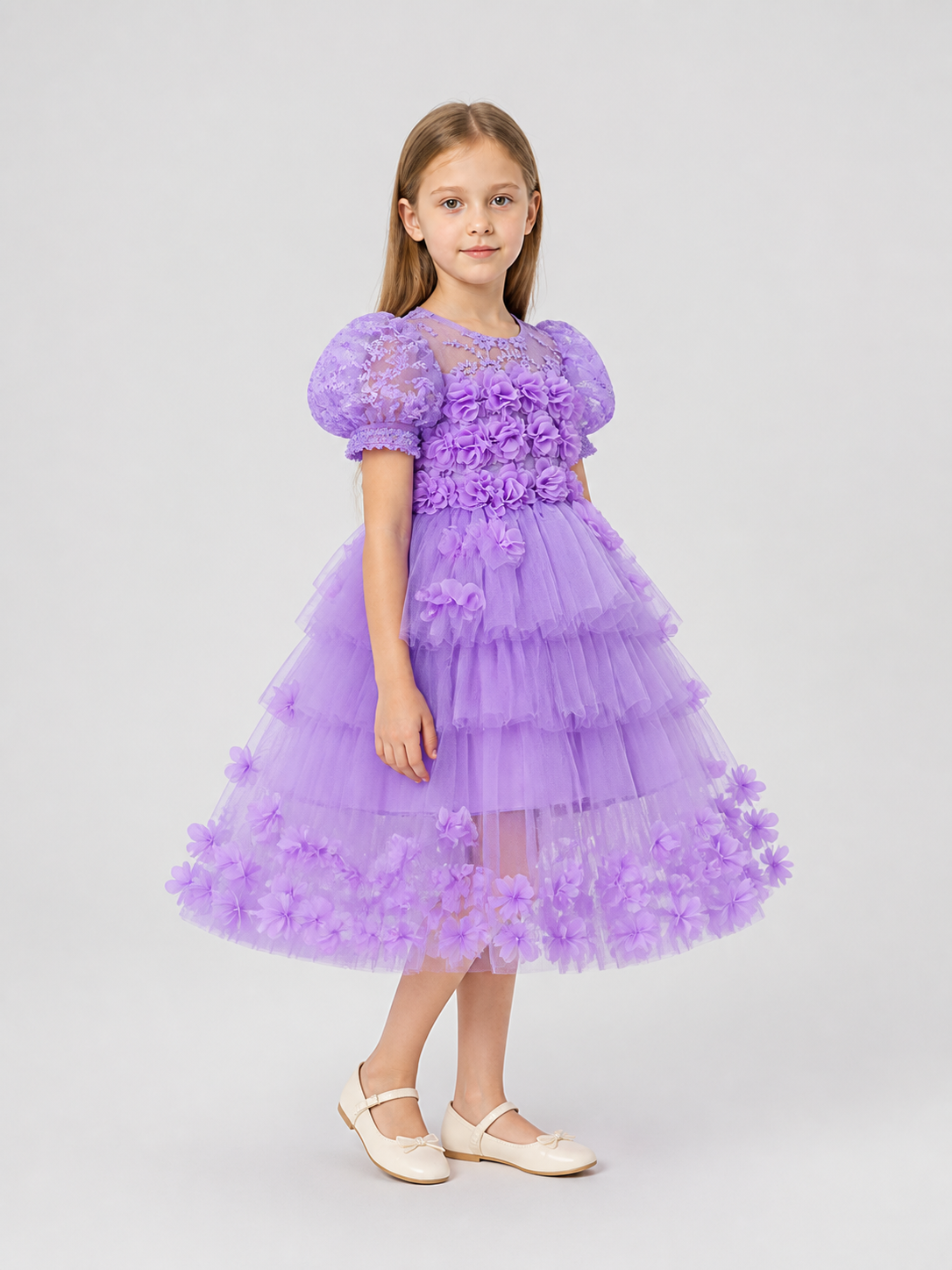 Girls' Formal Dress with Full Skirt, Lace, and Train side view