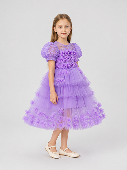 Girls' Formal Dress with Full Skirt, Lace, and Train side view