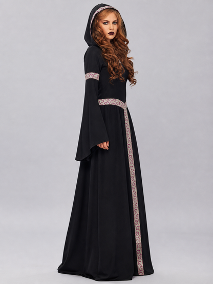 Black Gothic-Style Dress with a Hood and Wide Sleeves