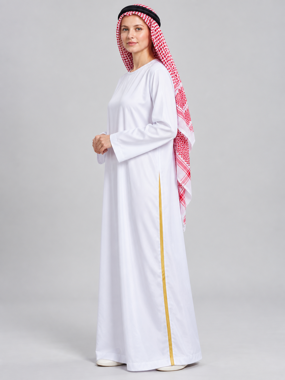 Costume with a red-and-white scarf and gold trim