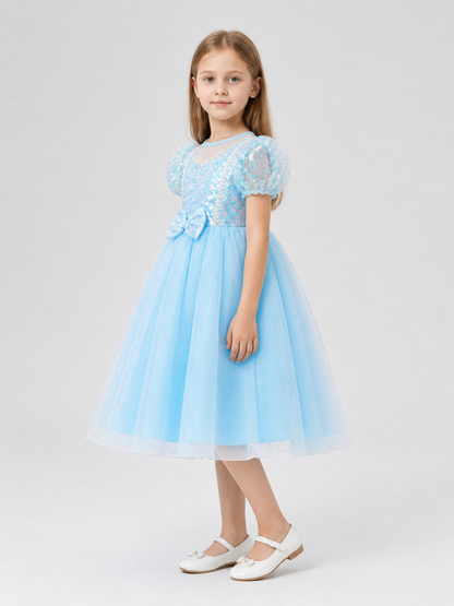 Party Dress with Sequins, a Full Skirt, and a Bow