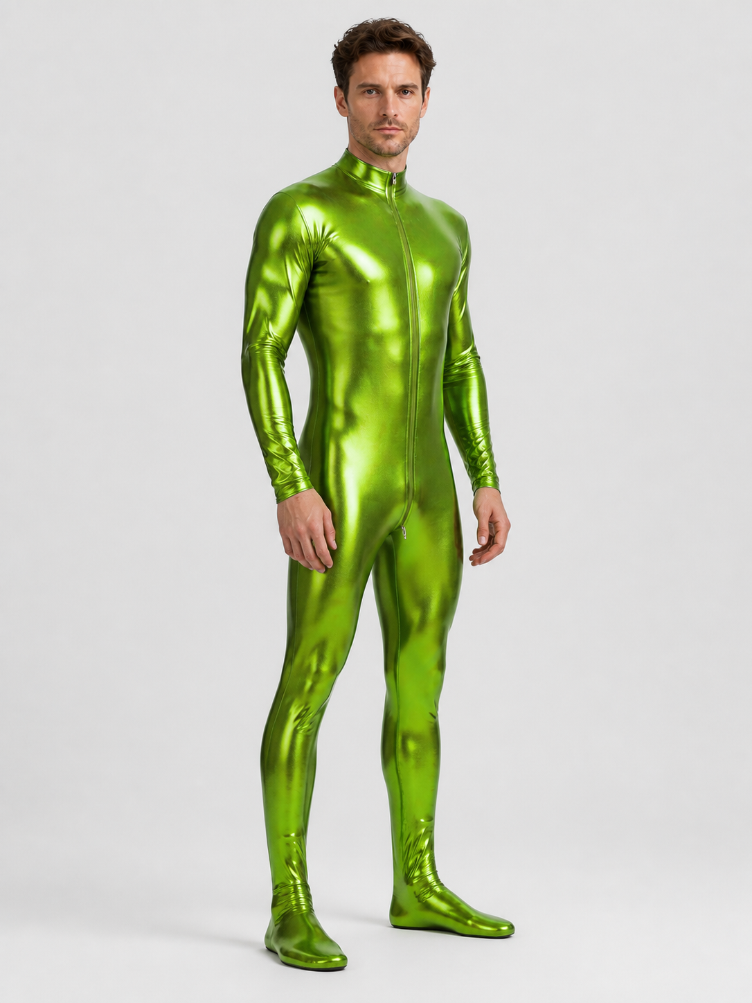 Shiny Green Form-Fitting Jumpsuit with Zipper for the Stage side view