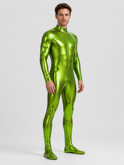 Shiny Green Form-Fitting Jumpsuit with Zipper for the Stage side view