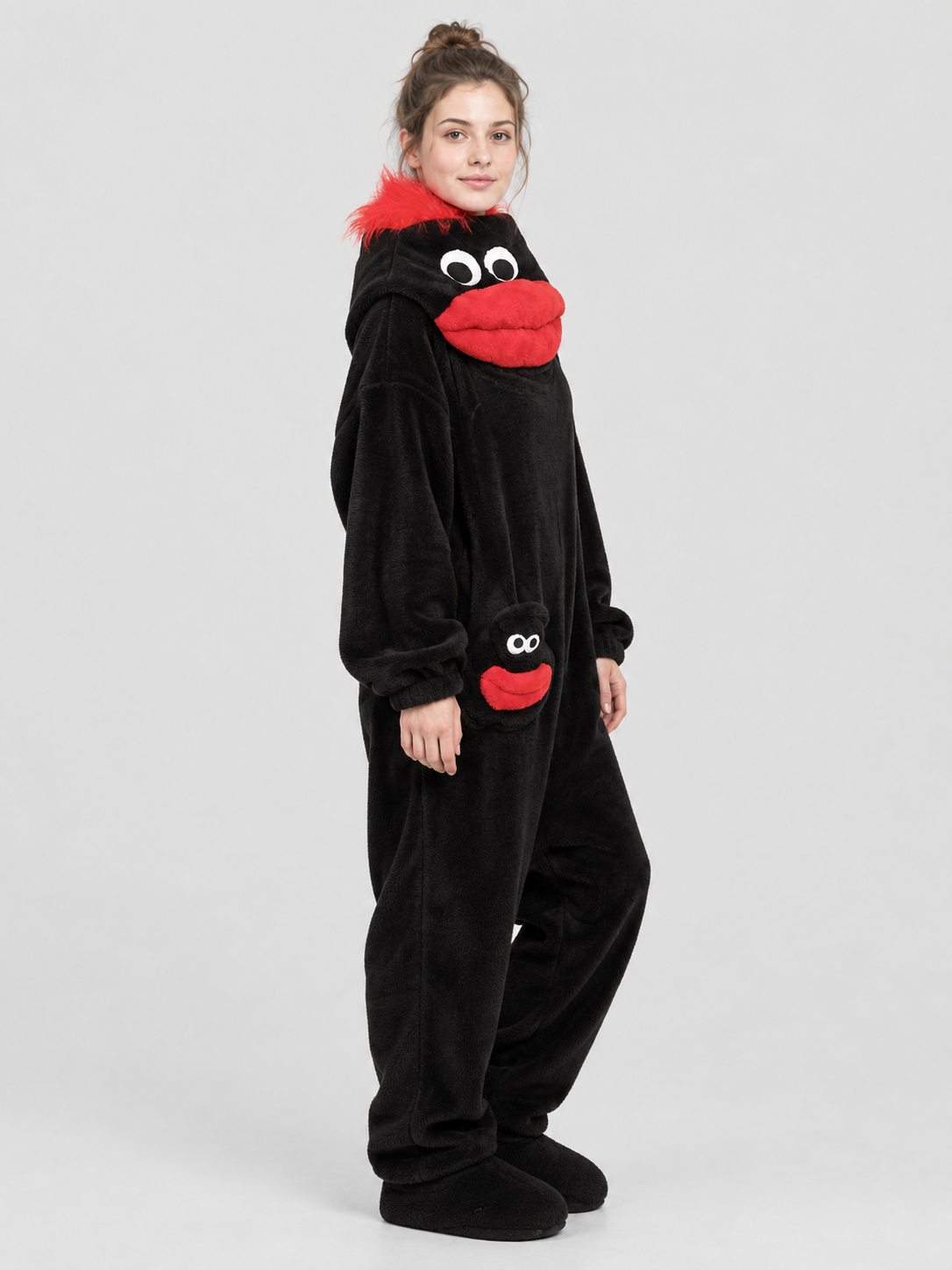 Black Coral Fleece Pajama Jumpsuit with Appliqué