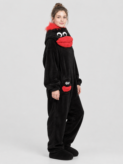 Black Coral Fleece Pajama Jumpsuit with Appliqué