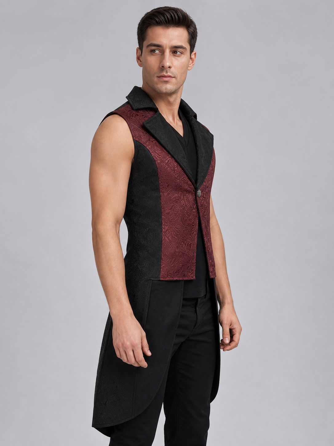 Long Black and Burgundy Steampunk Tailcoat Vest