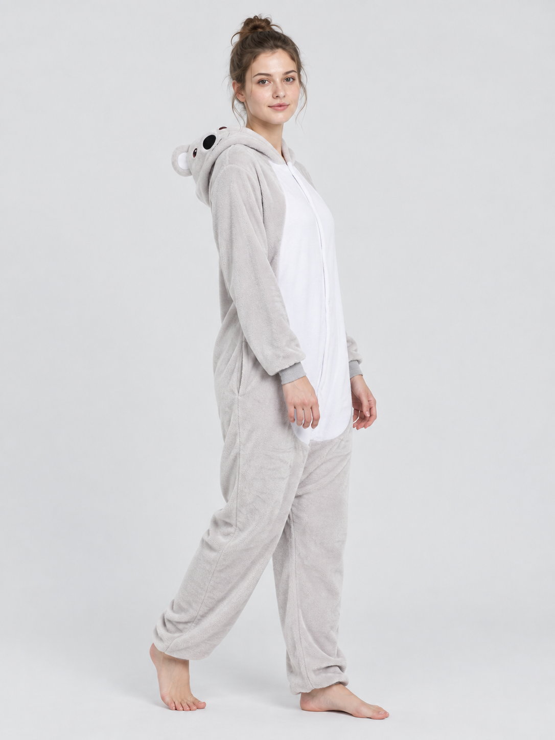 Hooded Pajama Jumpsuit with Ears, Light Gray