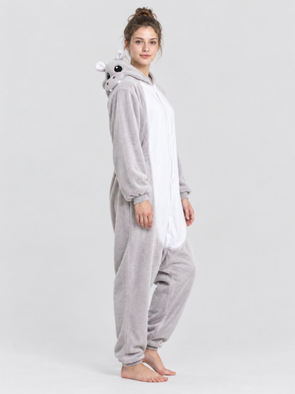 Hooded Pajama Jumpsuit with Animal Face, Light Gray