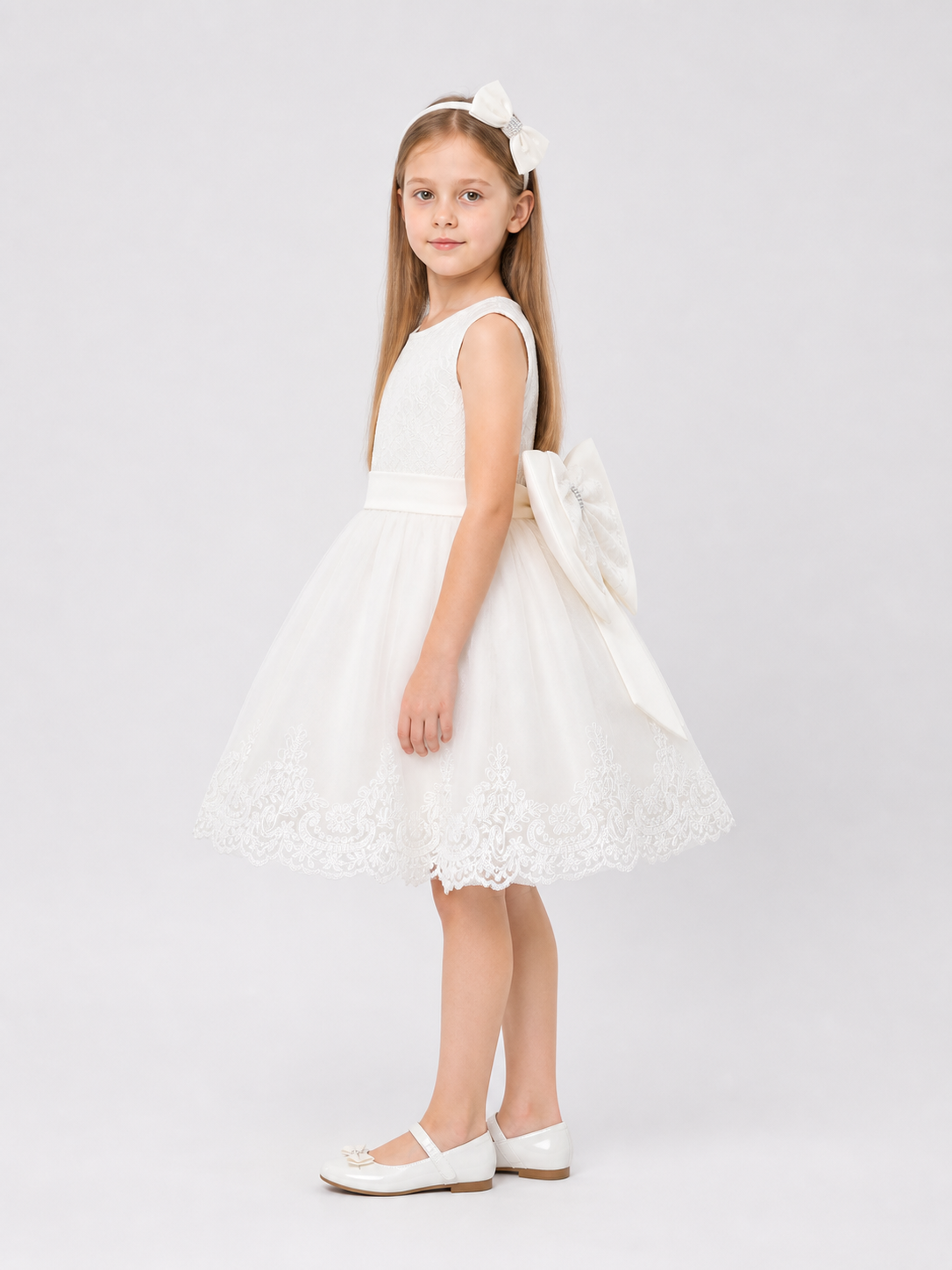 White Lace Princess Dress for Girls with a Bow side view