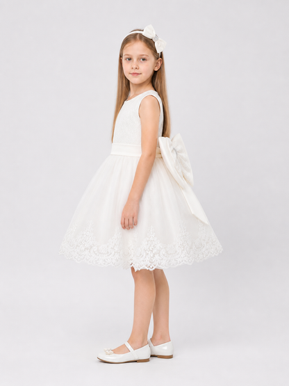White Lace Princess Dress for Girls with a Bow side view