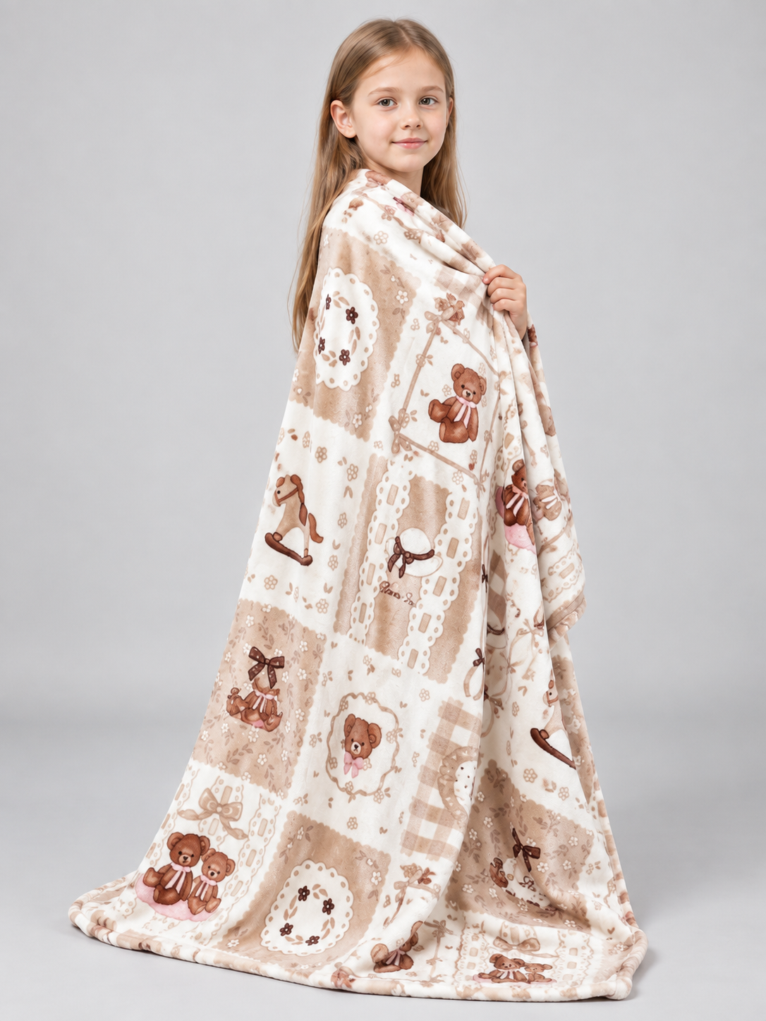 Beige fluffy blanket with teddy bear and bow print
