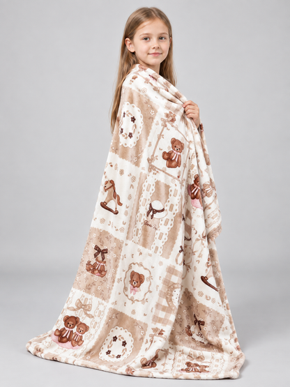 Beige fluffy blanket with teddy bear and bow print