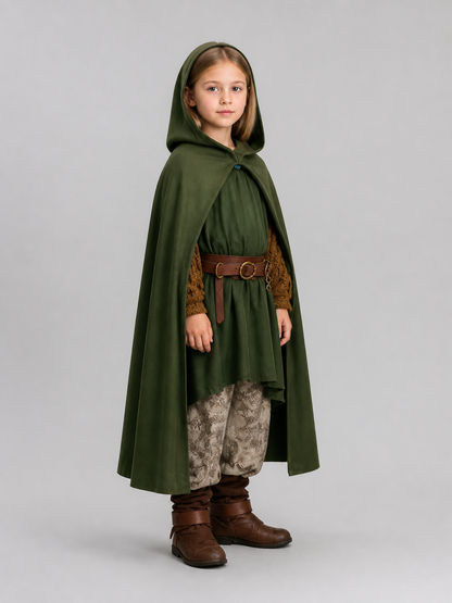 Long hooded cloak cape, dark green, children's side view