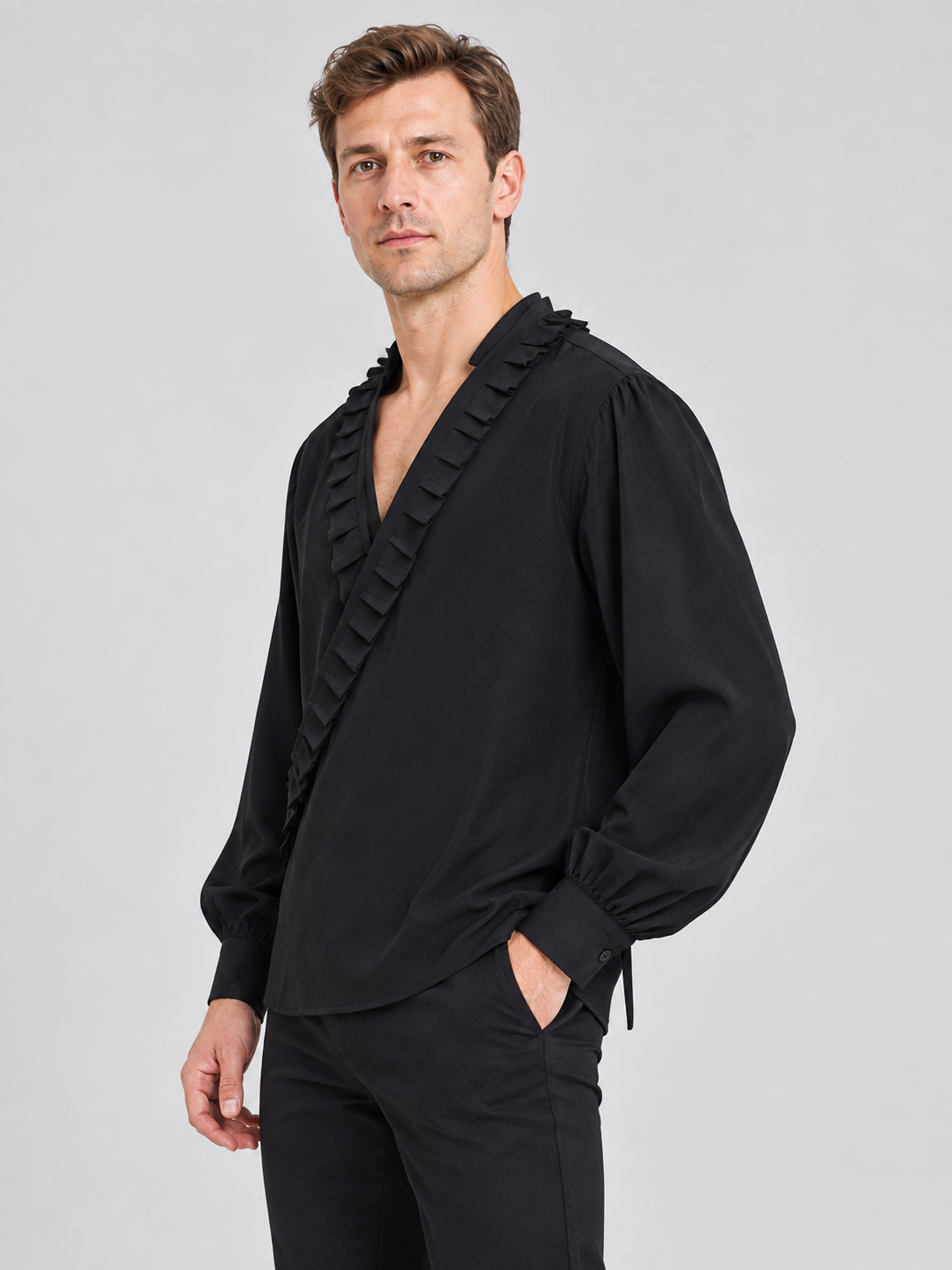 Black Shirt with Asymmetric Placket and Ruffles