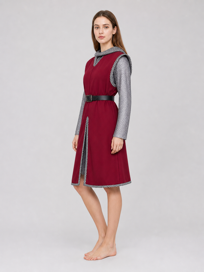 Halloween Medieval Knight Cosplay Costume Set, 3-Piece Burgundy Sleeveless Robe, Silver Chainmail Top And Black Belt For Role Play