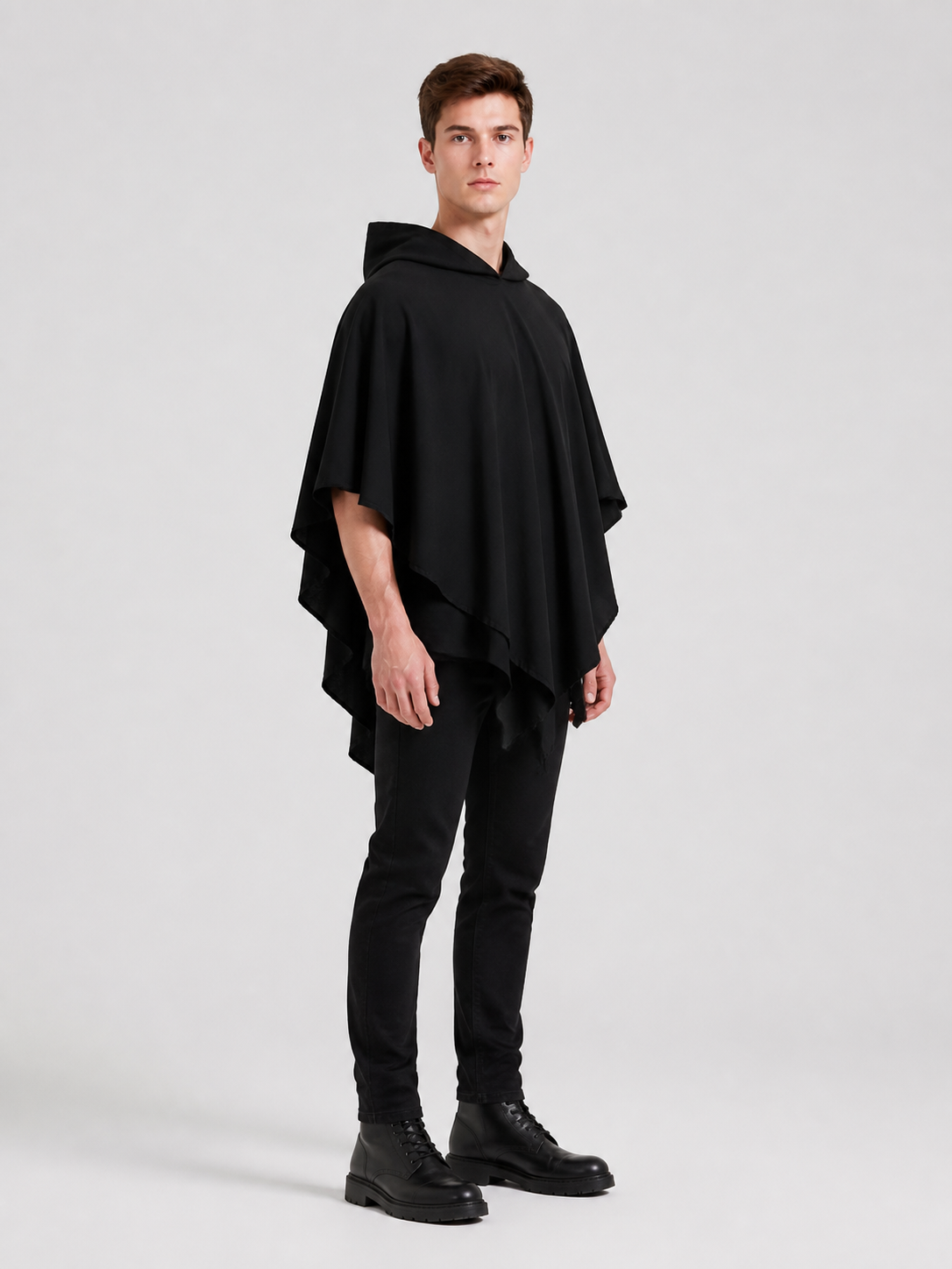 Women's Gothic Hooded Cape Cloak for Halloween Cosplay, Black Flowing Draped side view 7
