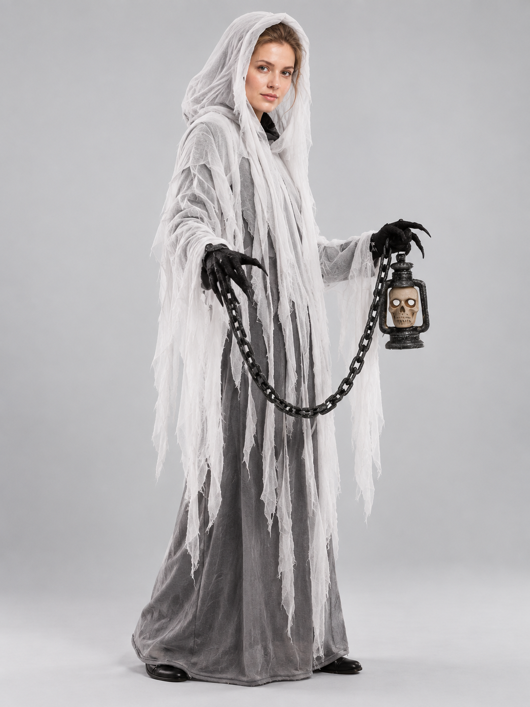 Ghost Costume with Hood, Chain, and Lantern side view