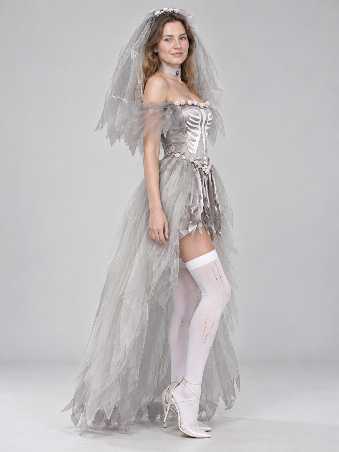 Gray Tulle Skeleton Costume with Veil
