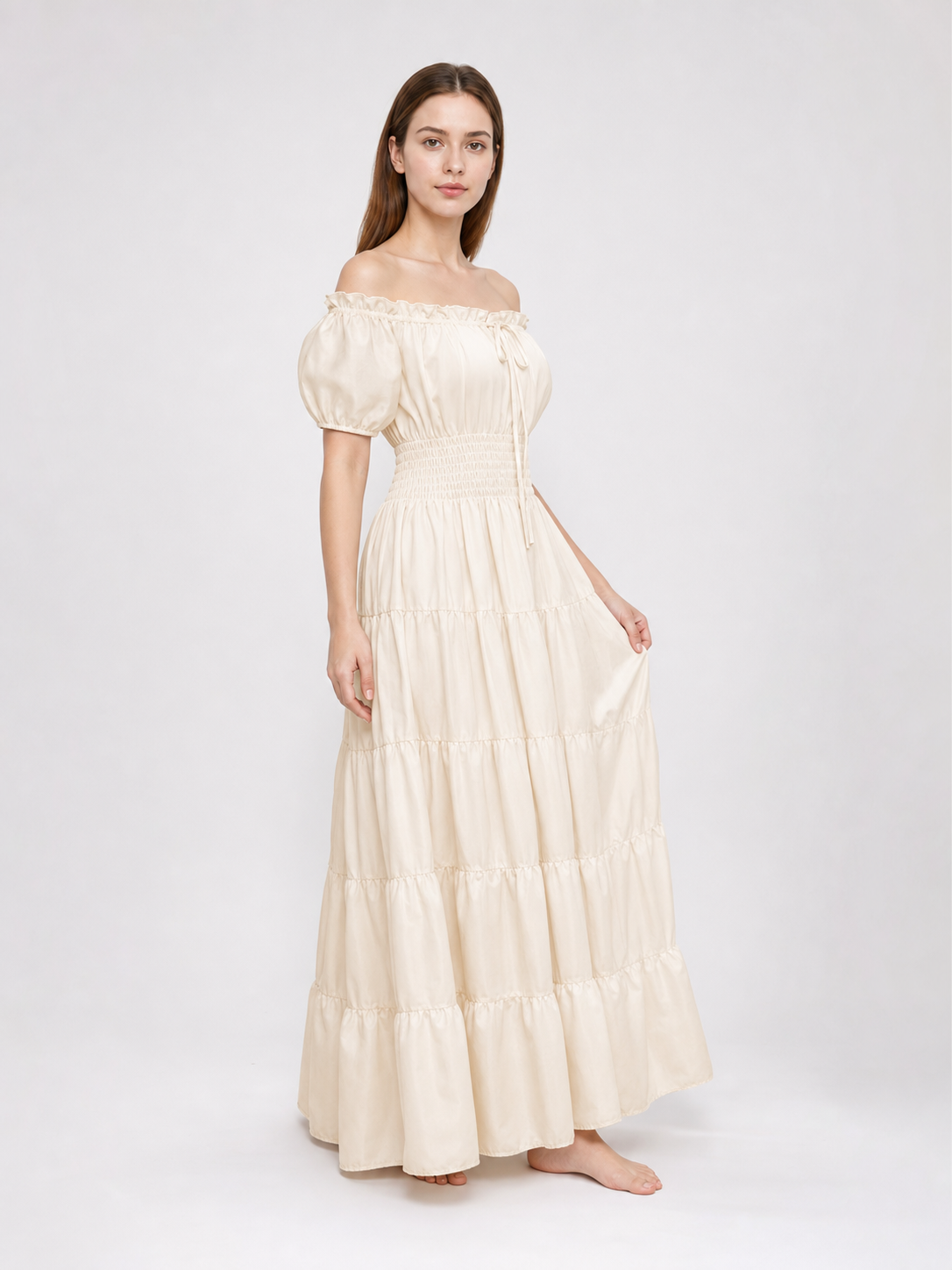 Long Medieval Tiered Off-the-Shoulder Dress