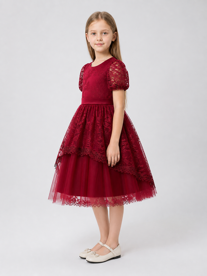 Burgundy Princess Dress for Girls with Lace and Bow