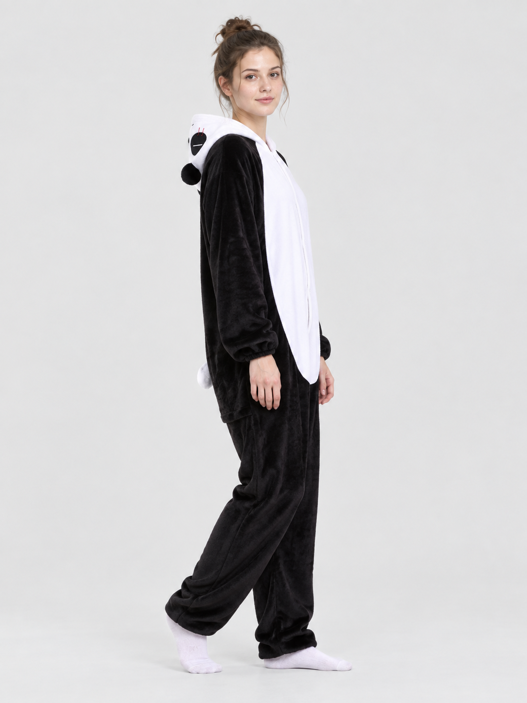 Black and White Fleece Kigurumi Pajama with Hood and Tail
