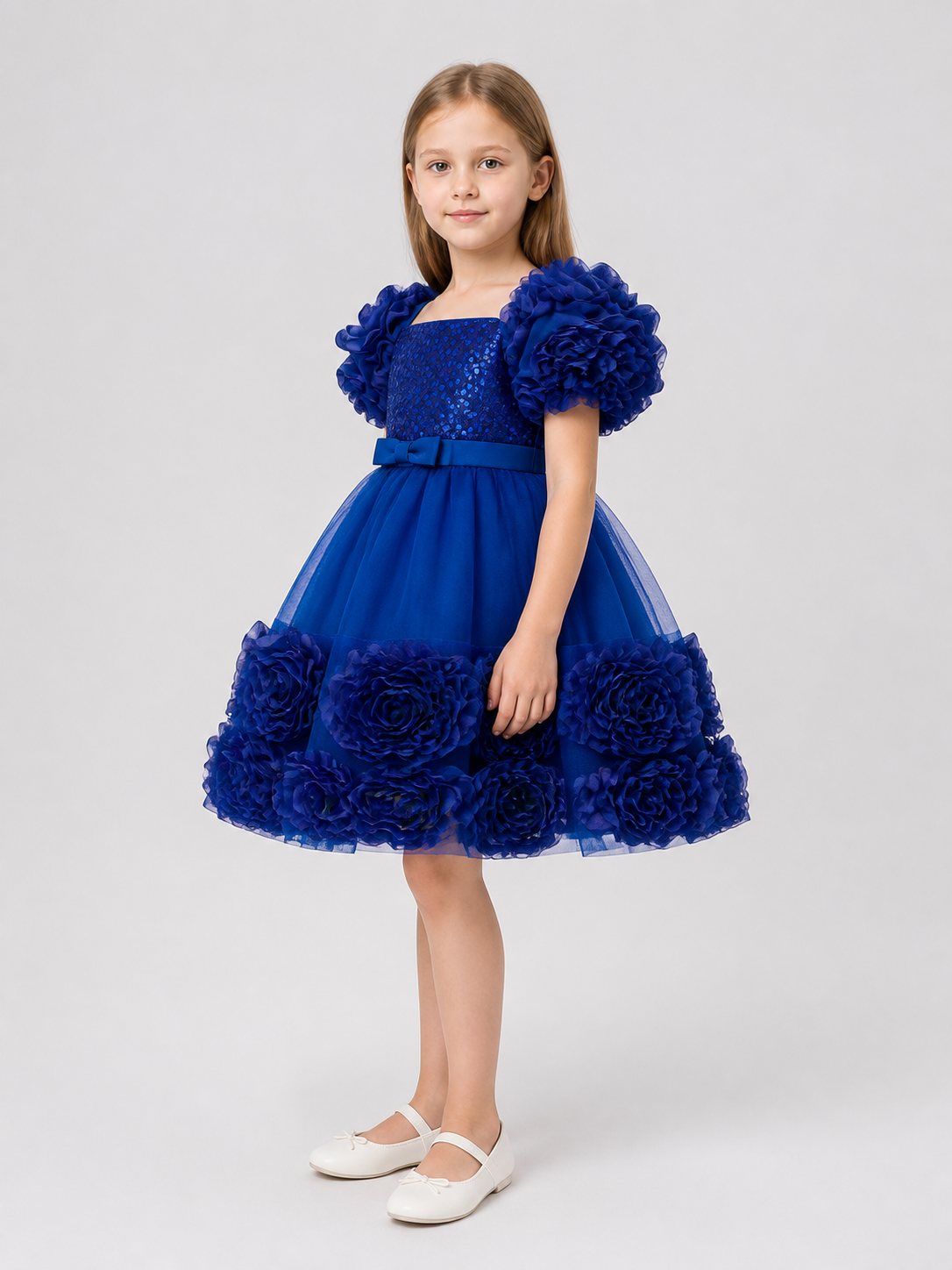 Girls' Puffy Sequin Princess Dress with Bow side view