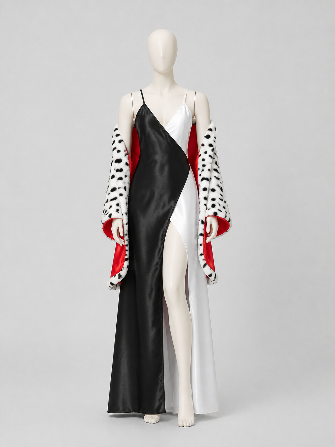 Cruella Cosplay Costume: Dress and Spotted Cape side view