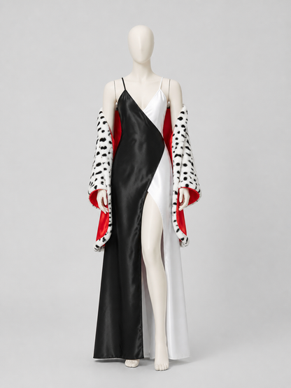 Cruella Cosplay Costume: Dress and Spotted Cape side view
