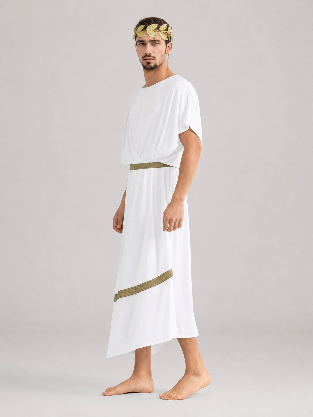 Side view of the white men's Greek toga costume showing the wide short sleeves, gold belt and asymmetrical hem