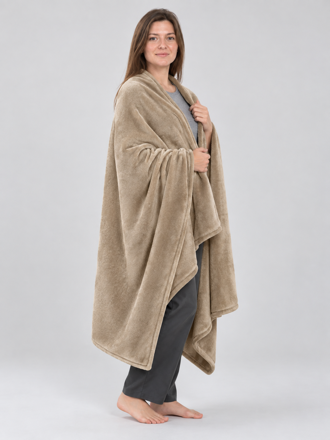 Khaki Flannel Blanket with Binding, Soft, All-Season