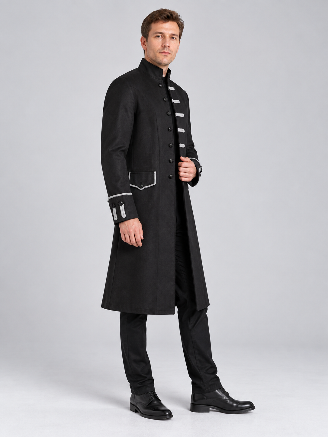Gothic Black Long Frock Coat with Stand Collar
