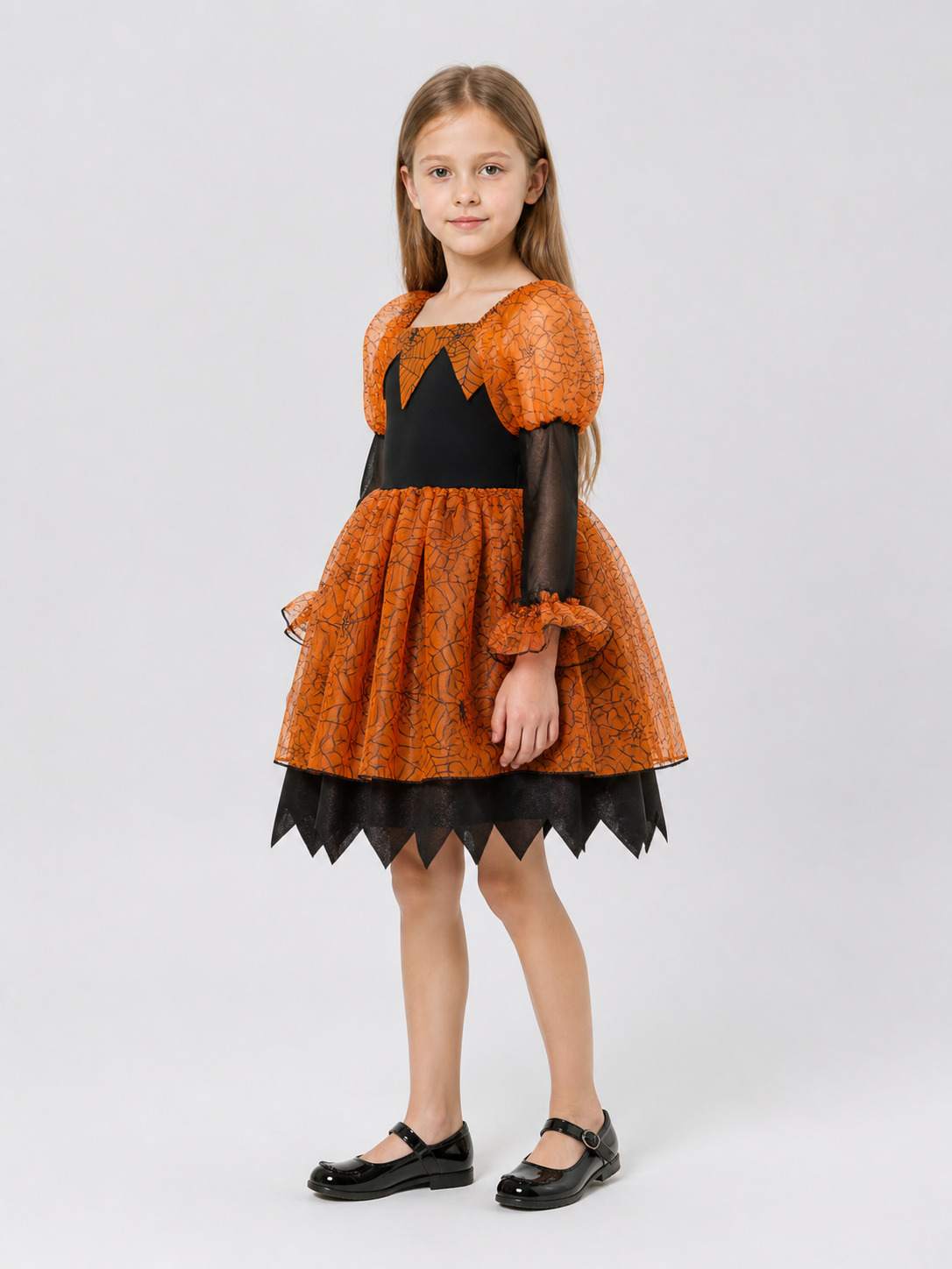 Children’s Halloween Dress, Black and Orange, with Spiderweb Pattern side view