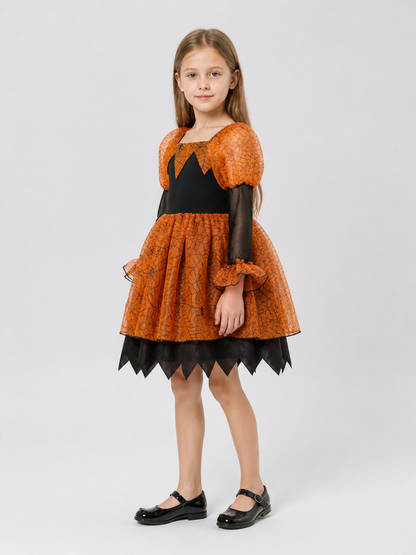 Children’s Halloween Dress, Black and Orange, with Spiderweb Pattern side view