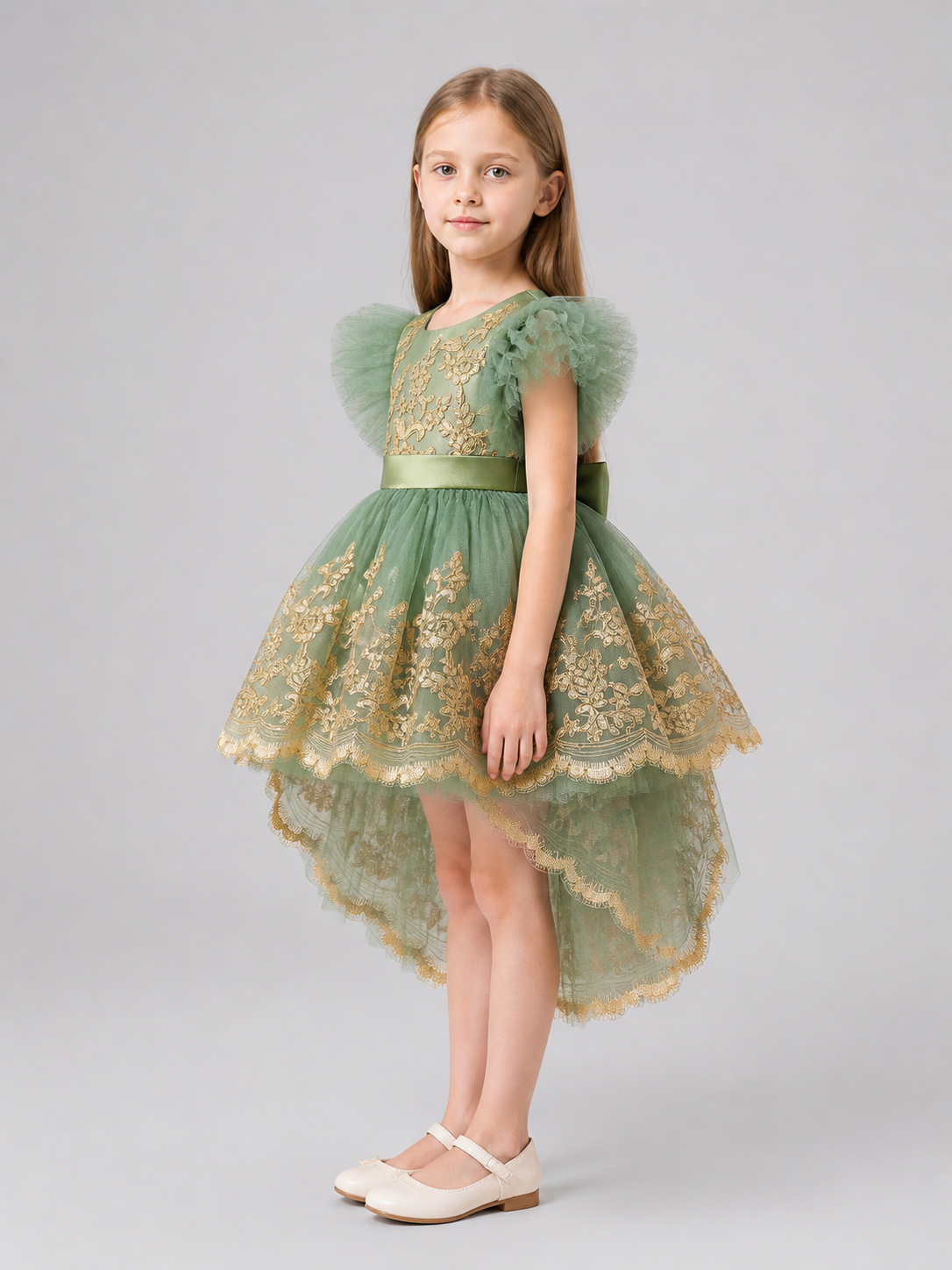 Tutu Dress with Wings, Gold Embroidery, and Train side view