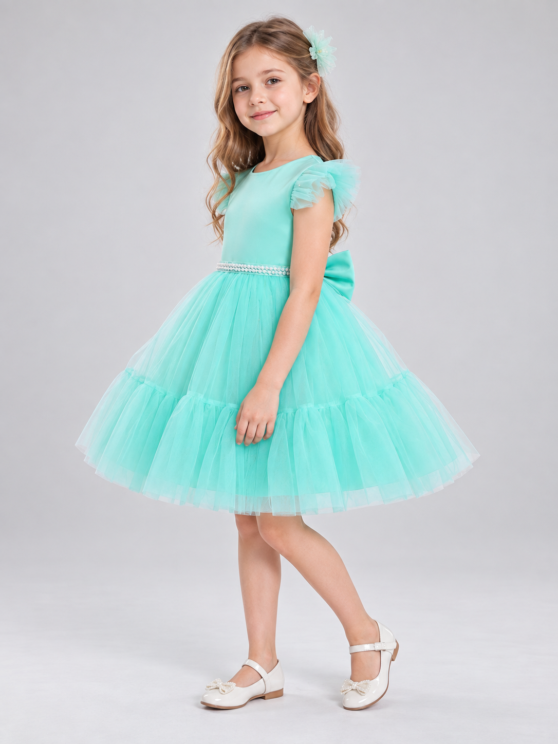 Girls' Holiday Dress with Full Skirt and Bow