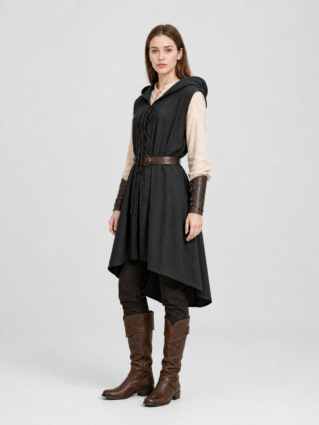 Black Medieval Hooded Dress with Belt