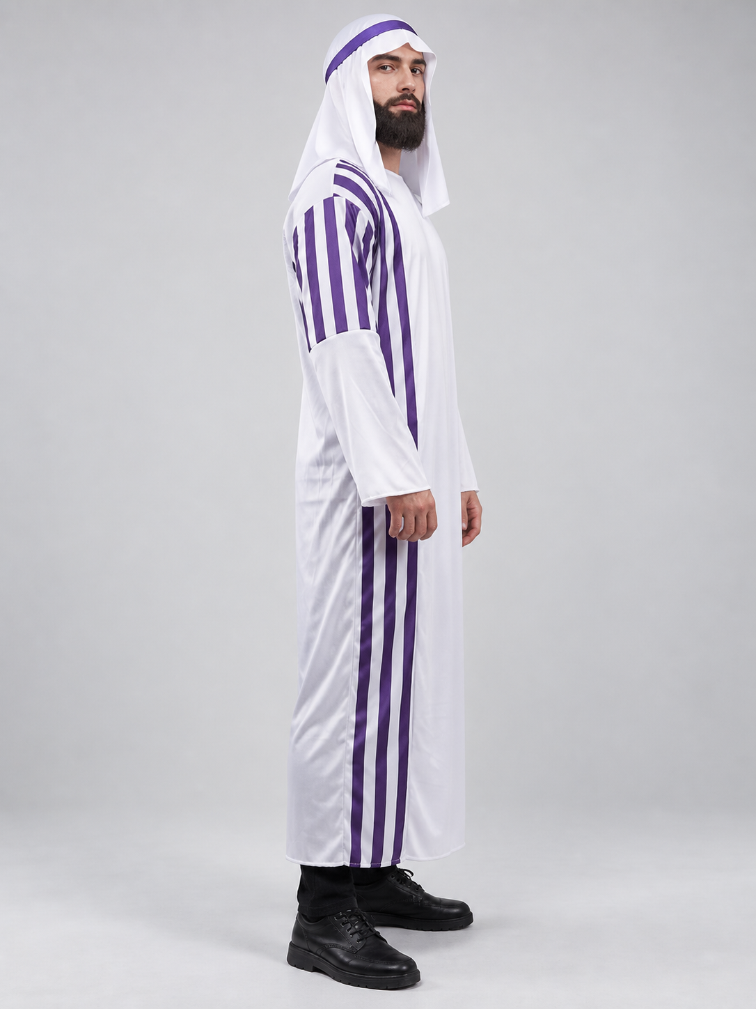 White carnival costume with purple stripes