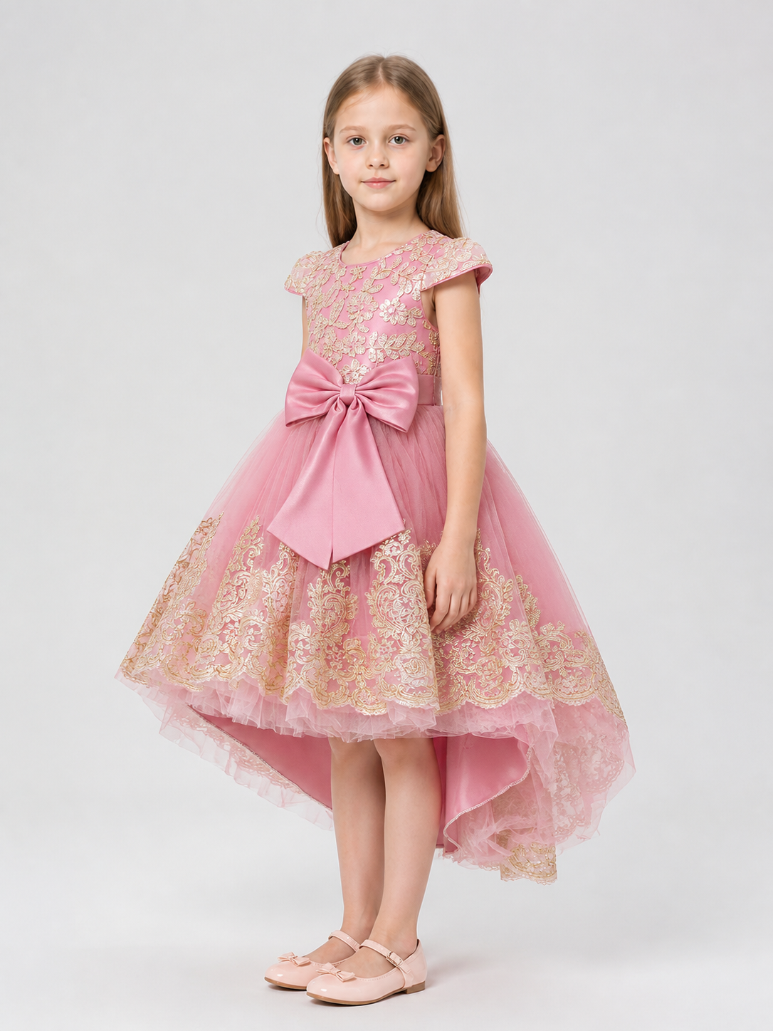Party Dress with Gold Embroidery, Bow, and Train side view