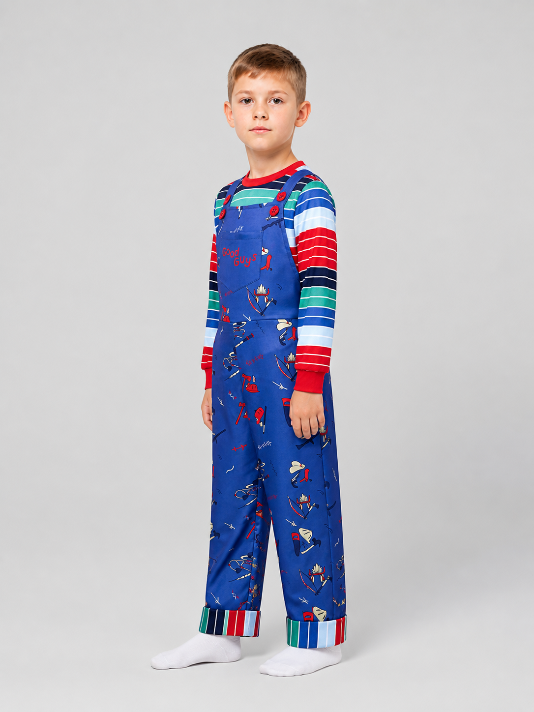 Chucky Cosplay Costume, Long-Sleeve Shirt and Bib Overalls side view